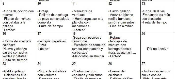 Ya disponible el Menú del Comedor de Marzo