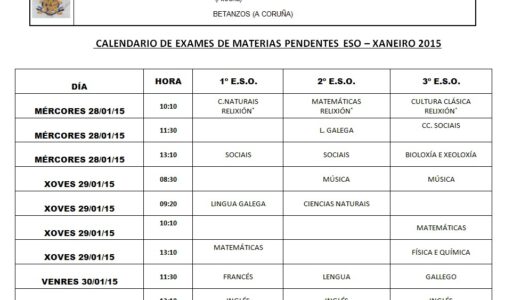 Calendario Pendentes E.S.O. XANEIRO 2015