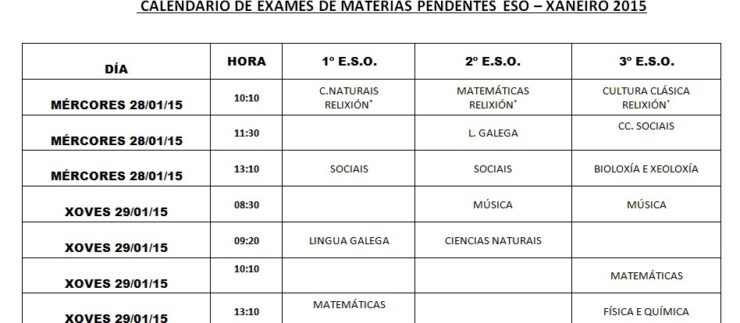 Calendario Pendentes E.S.O. XANEIRO 2015