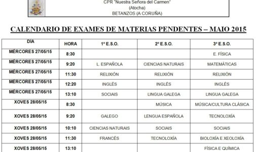 Calendario materias pendentes ESO – Maio 2015