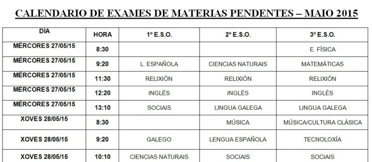 Calendario materias pendentes ESO – Maio 2015