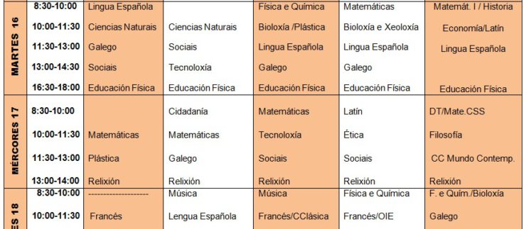 Calendario probas finais Xuño 2015