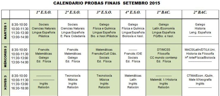 Calendario Pruebas Finales Septiembre 2015