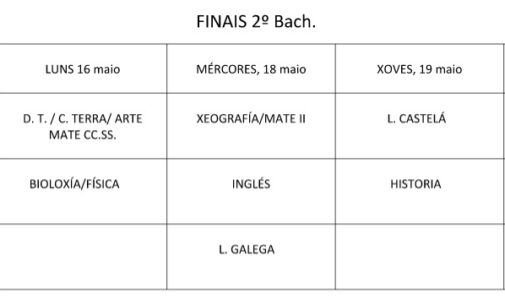 Calendario exames finais 2º Bacharelato