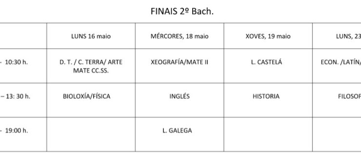 Calendario exames finais 2º Bacharelato