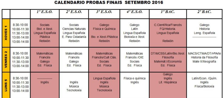 Calendario exames finais setembro