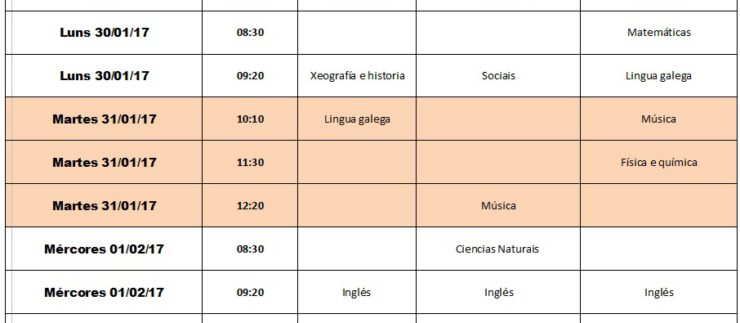 Calendario materias pendentes xaneiro 2017