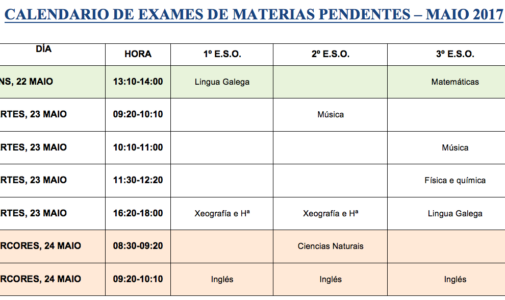 Calendario materias pendentes 1º, 2º e 3º ESO