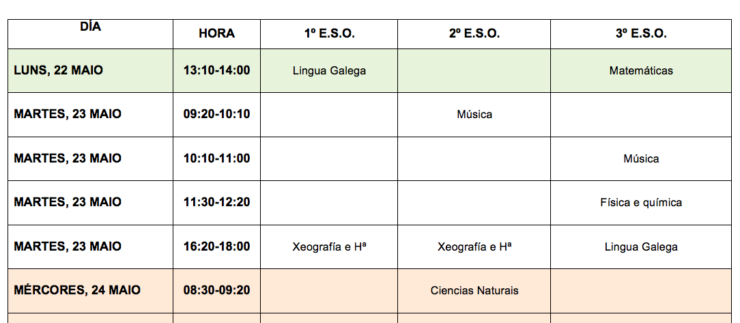 Calendario materias pendentes 1º, 2º e 3º ESO