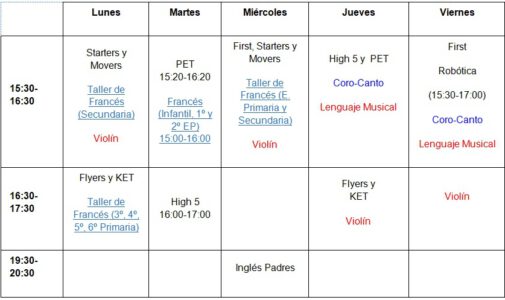 Horarios Actividades Extraescolares 18/19