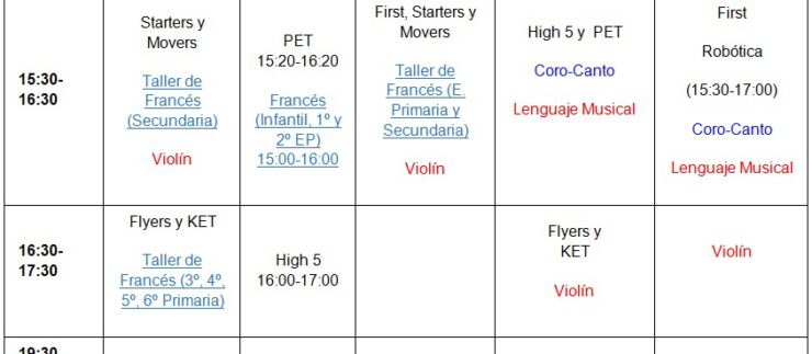 Horarios Actividades Extraescolares 18/19